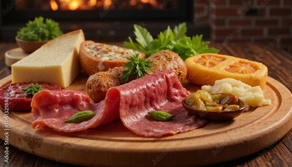 Assorted charcuterie board with cheese, meats, and bread near fireplace Assorted charcuterie board with cheese, meats, and bread near fireplace