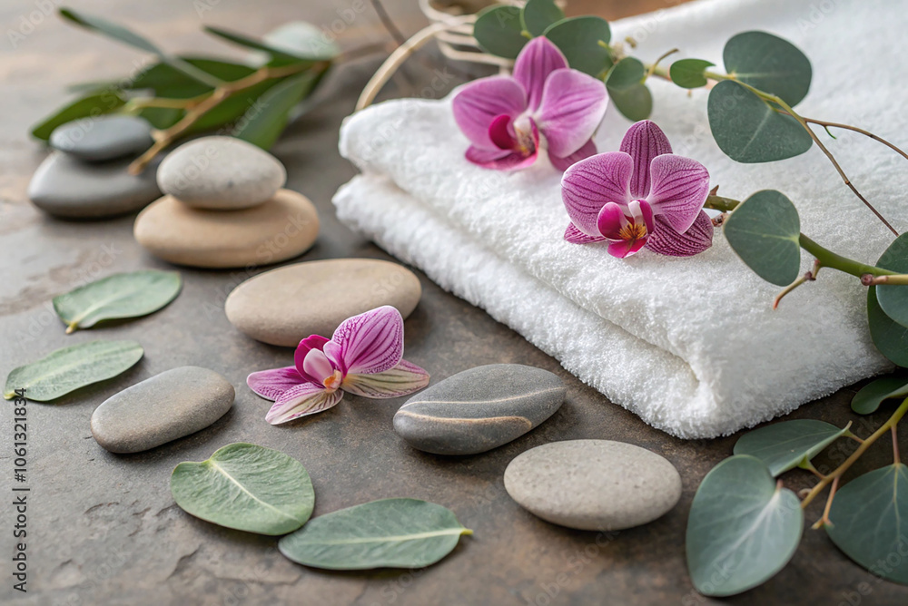 Close-up of smooth stones arranged on a spa towel with orchids and eucalyptus leaves Close-up of smooth stones arranged on a spa towel with orchids and eucalyptus leaves