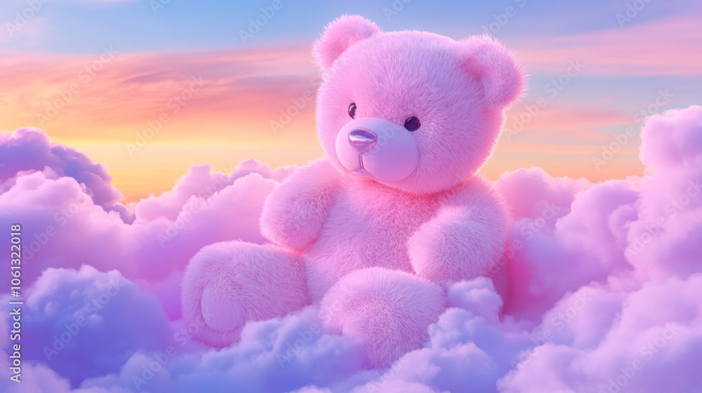 3D cute teddy bear fluffy pink rainbow clouds shape sunset colorful dreamy sky cloudscape adorable pet animal fashion healing wallpaper background with copy space 3D cute teddy bear fluffy pink rainbow clouds shape sunset colorful dreamy sky cloudscape adorable pet animal fashion healing wallpaper background with copy space