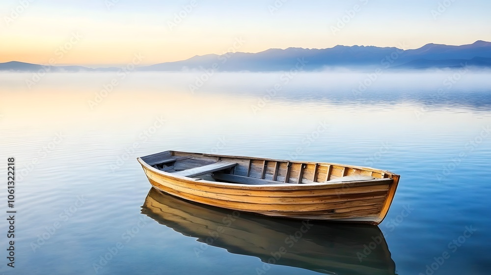 Boat rests calmly on serene water Boat rests calmly on serene water