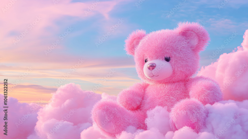 3D cute teddy bear fluffy pink rainbow clouds shape sunset colorful dreamy sky cloudscape adorable pet animal fashion healing wallpaper background with copy space 3D cute teddy bear fluffy pink rainbow clouds shape sunset colorful dreamy sky cloudscape adorable pet animal fashion healing wallpaper background with copy space