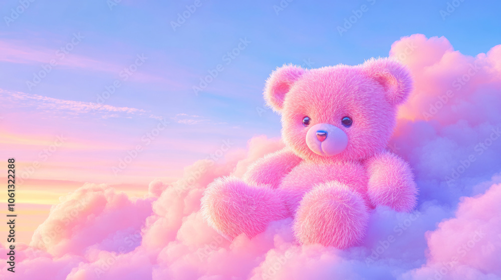 3D cute teddy bear fluffy pink rainbow clouds shape sunset colorful dreamy sky cloudscape adorable pet animal fashion healing wallpaper background with copy space 3D cute teddy bear fluffy pink rainbow clouds shape sunset colorful dreamy sky cloudscape adorable pet animal fashion healing wallpaper background with copy space
