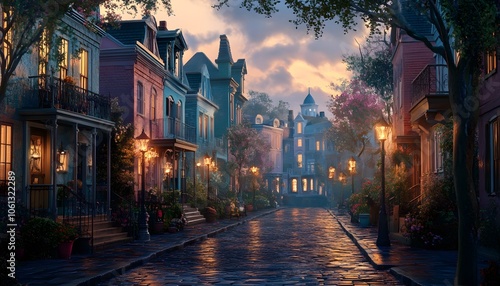 A cobblestone street lined with quaint houses and illuminated by lampposts, bathed in the warm glow of evening light.