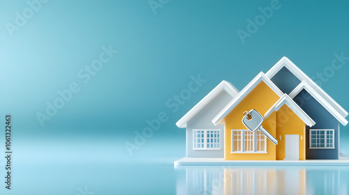 Wallpaper Mural A row of house models with one yellow house holding keys on a light blue background Torontodigital.ca