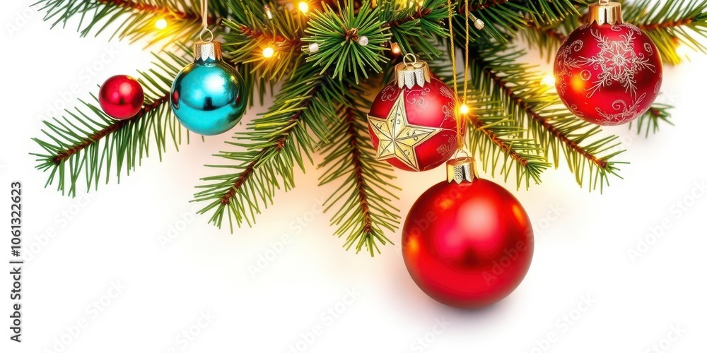 Christmas tree decorated with ornaments and lights, standing tall and isolated on a white background, xmas, ornaments, festive decor Christmas tree decorated with ornaments and lights, standing tall and isolated on a white background, xmas, ornaments, festive decor
