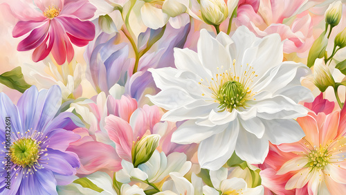 A colorful painting of flowers with a white flower in the center