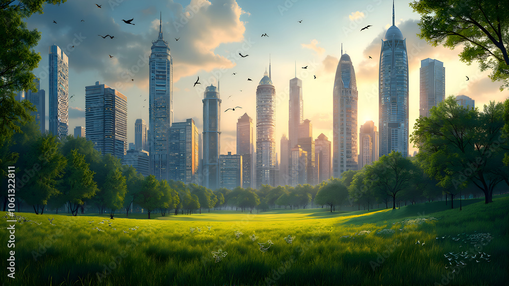 Fototapeta premium A harmonious balance between nature and urban life in a modern cityscape, digital painting of landscape concept.