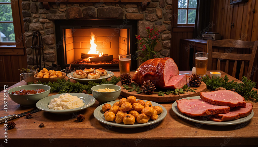 Traditional holiday dinner with ham and sides by fireplace Traditional holiday dinner with ham and sides by fireplace