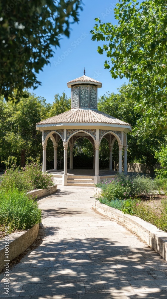 A charming gazebo surrounded by greenery and a winding path in a serene outdoor setting. A charming gazebo surrounded by greenery and a winding path in a serene outdoor setting.