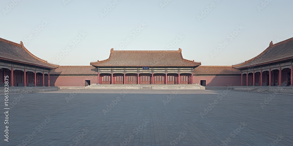 Fototapeta premium A serene view of a traditional Chinese architectural courtyard with ornate buildings.