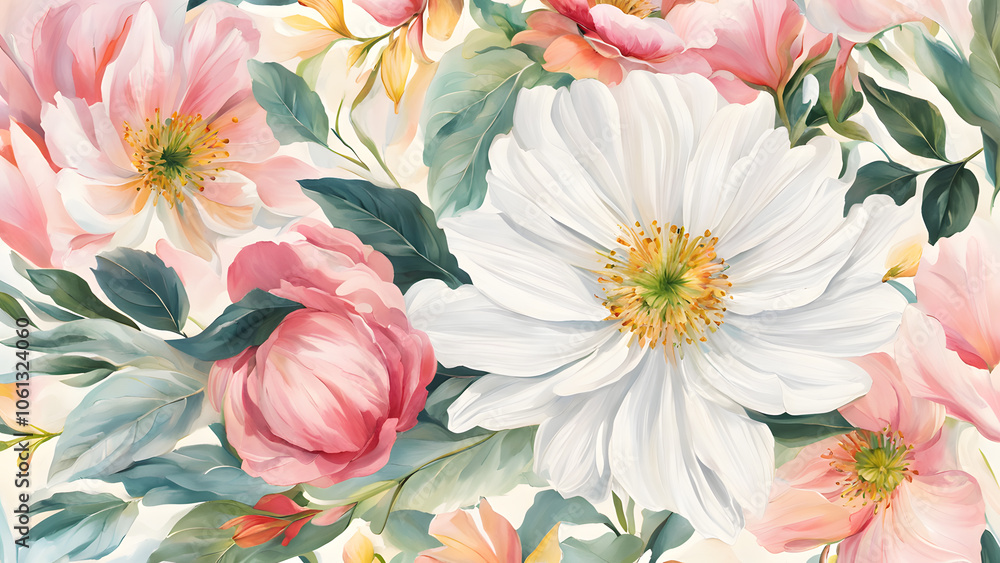A painting of a flower garden with pink and white flowers A painting of a flower garden with pink and white flowers