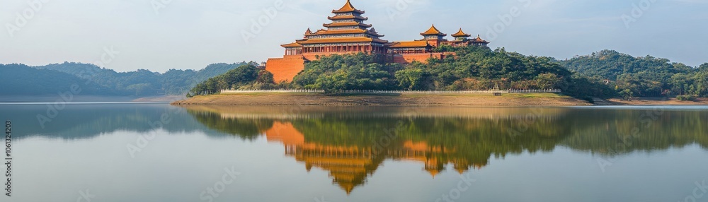 A serene lake scene featuring a traditional temple reflecting in the water. A serene lake scene featuring a traditional temple reflecting in the water.