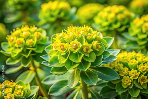 Depth of field closeup of Euphorbia epithymoides flower in garden during early summer photo