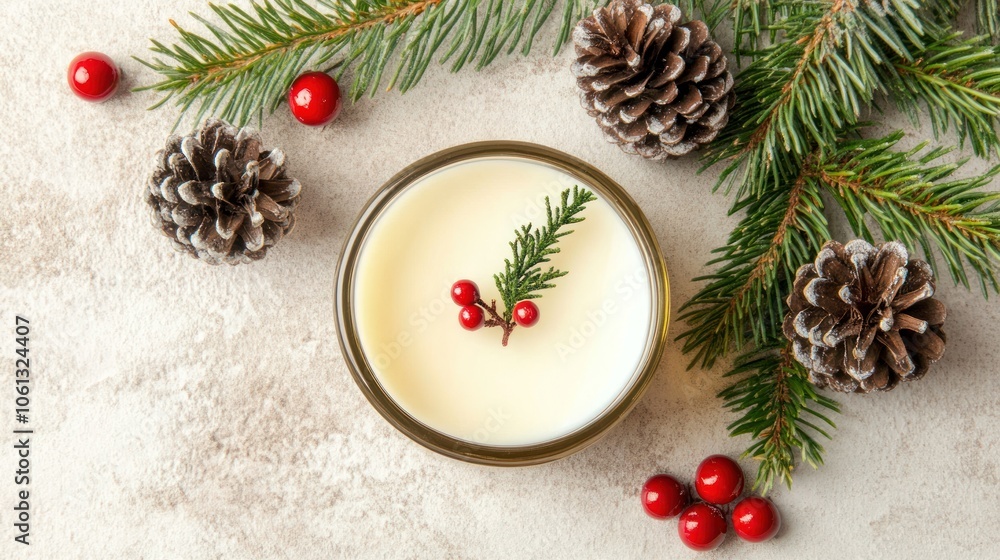 White Scented Candle with Pine Branch, Berries and Pine Cones White Scented Candle with Pine Branch, Berries and Pine Cones