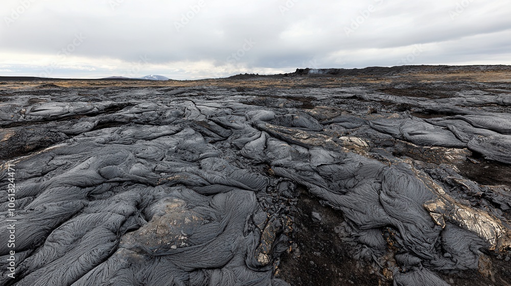 Lava field with unique textures under a cloudy sky, showcasing the rugged beauty of volcanic landforms. Lava field with unique textures under a cloudy sky, showcasing the rugged beauty of volcanic landforms.
