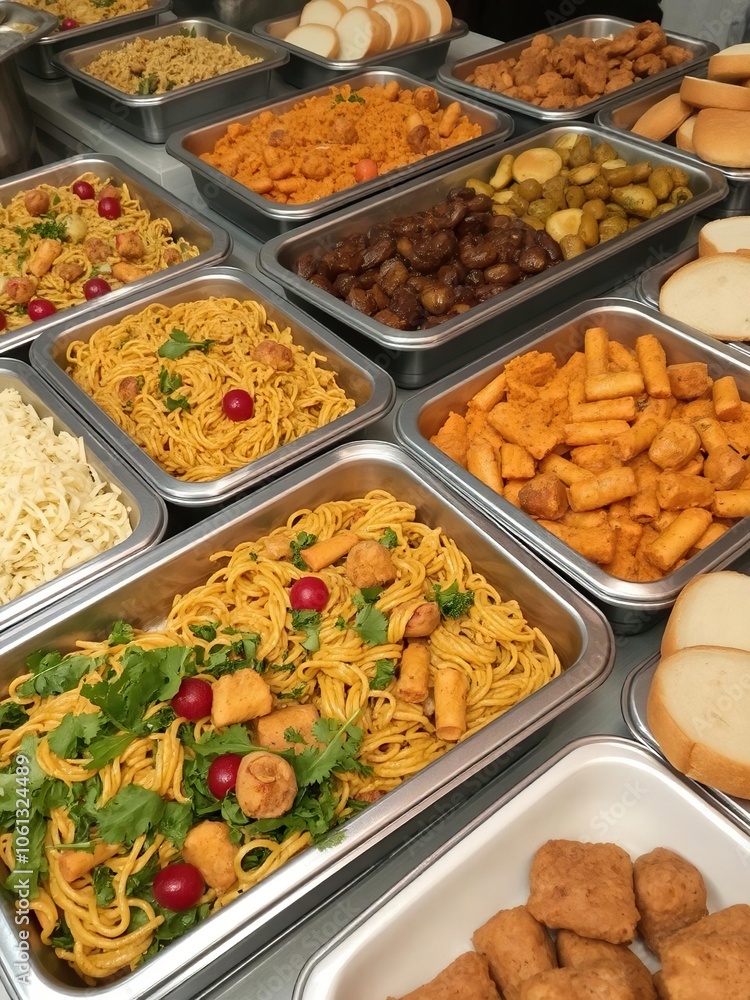 Various delicious dishes presented in trays at buffet style event, including pasta, salad, meat, and bread, selection, tray, event Various delicious dishes presented in trays at buffet style event, including pasta, salad, meat, and bread, selection, tray, event