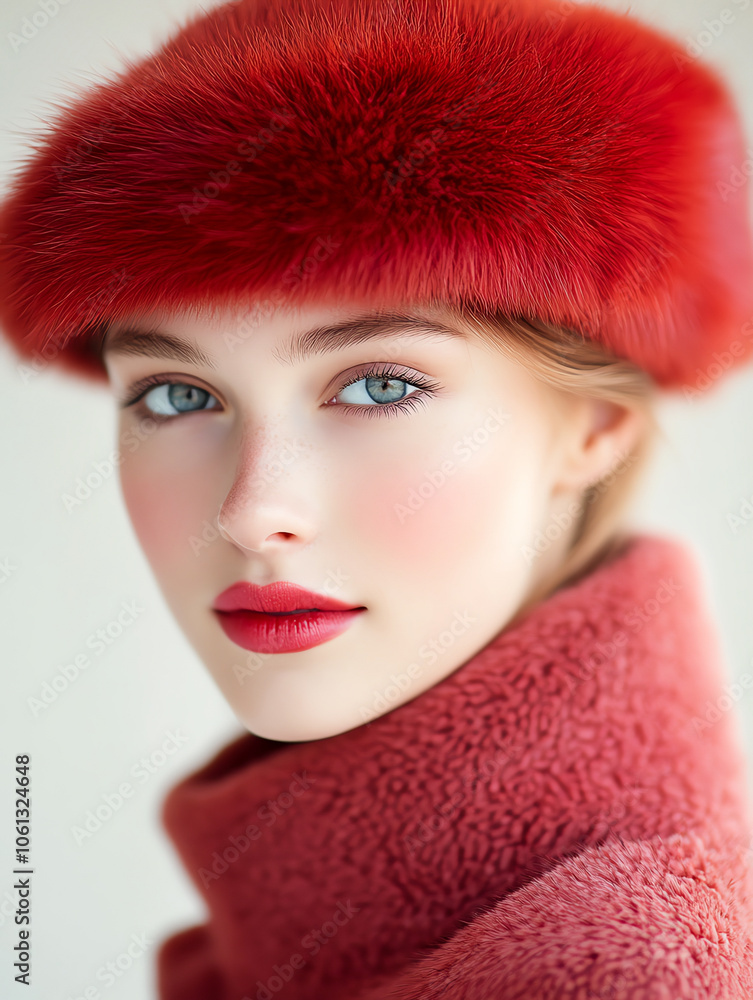 Elegant model in red fur hat and coat, soft focus, white background. Elegant model in red fur hat and coat, soft focus, white background.