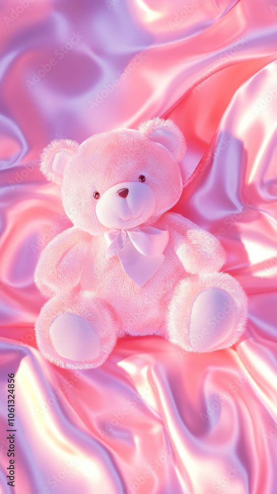 Fototapeta premium 3D cute teddy bear fluffy velvet on pink flow silk adorable pet animal plush toy fashion healing shiny gift wallpaper background with copy space