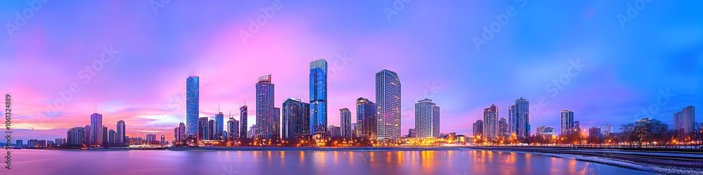 Obraz premium A city skyline with a river in the background