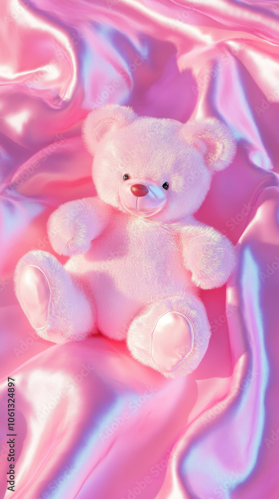 3D cute teddy bear fluffy velvet on pink flow silk adorable pet animal plush toy fashion healing shiny gift wallpaper background with copy space 3D cute teddy bear fluffy velvet on pink flow silk adorable pet animal plush toy fashion healing shiny gift wallpaper background with copy space