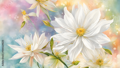 A painting of a bunch of white flowers with a blue background