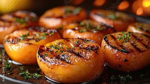 Deliciously caramelized grilled peach halves topped with fresh thyme, showcasing a perfect blend of sweetness and earthy herb flavors.