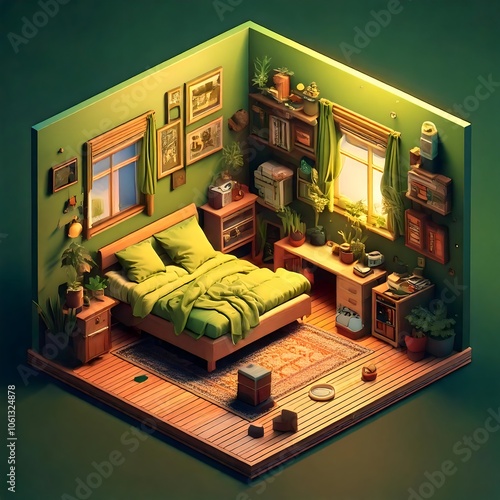 Cozy and Messy Olive Green Isometric Cube Room with Warm Decor and Cozy Vibes