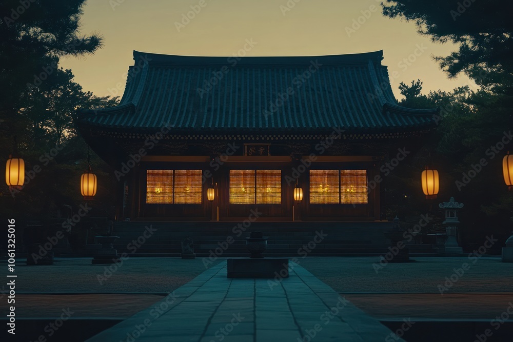 Fototapeta premium A serene temple illuminated at dusk, showcasing tranquility and cultural heritage.