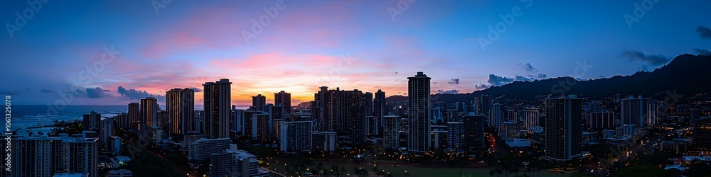 Fototapeta premium A city skyline with a beautiful sunset in the background