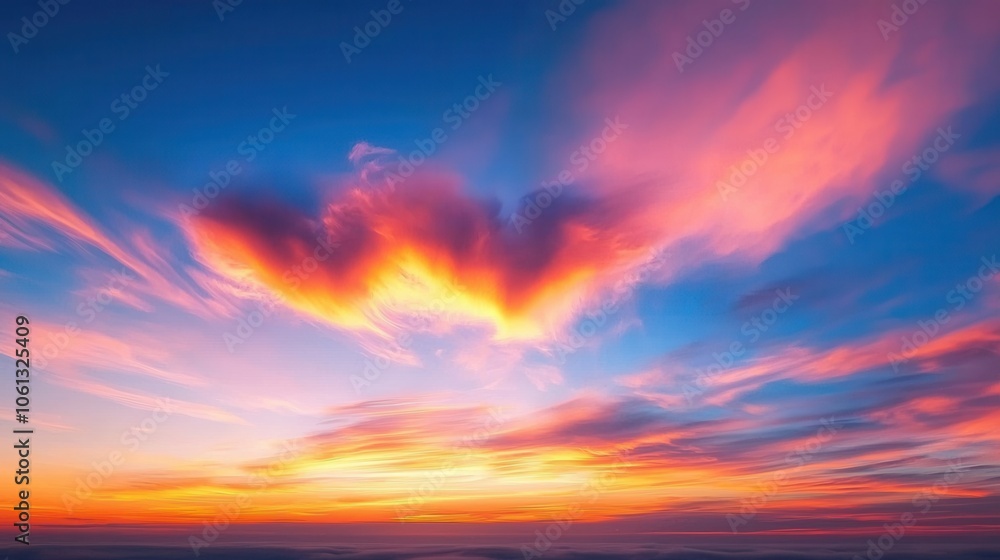 Stunning sunset with vibrant colors and dramatic cloud formations against a blue sky. Stunning sunset with vibrant colors and dramatic cloud formations against a blue sky.