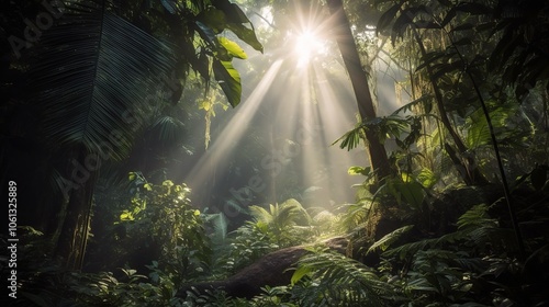 Lush Tropical Jungle with Dense Foliage and Sunlight photo