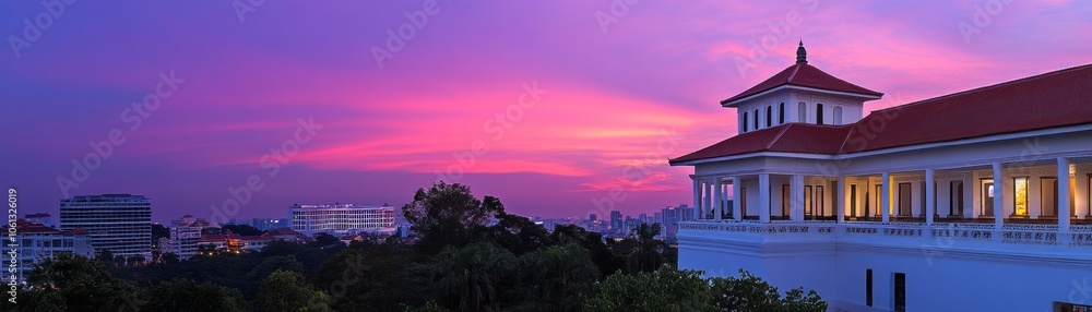 A scenic view at dusk featuring a building with a red roof against a vibrant purple sky. A scenic view at dusk featuring a building with a red roof against a vibrant purple sky.