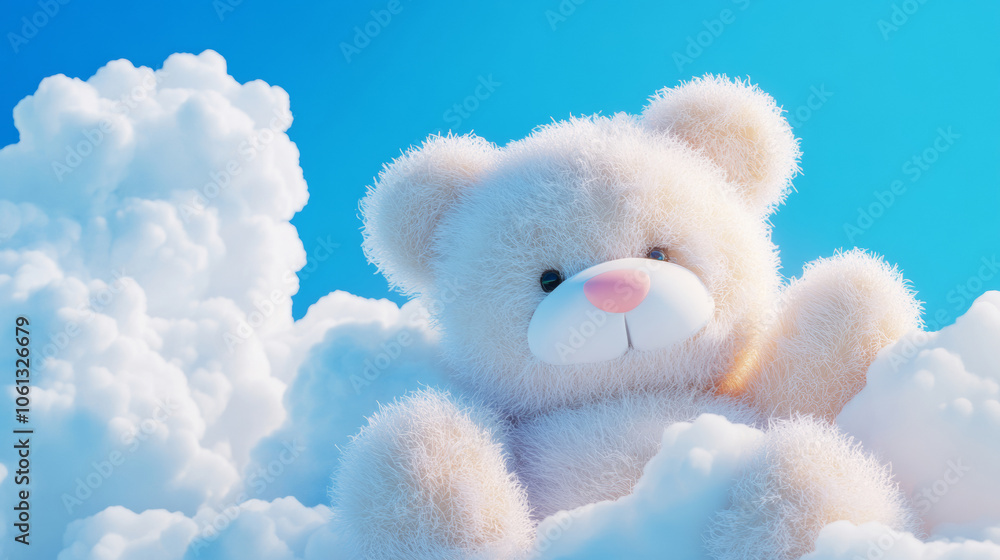 3D cute teddy bear fluffy white clouds shape blue sky cloudscape adorable pet animal fashion healing wallpaper background with copy space 3D cute teddy bear fluffy white clouds shape blue sky cloudscape adorable pet animal fashion healing wallpaper background with copy space