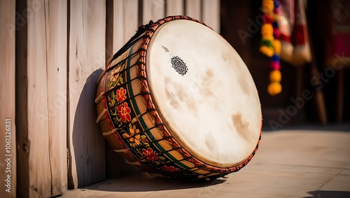 A traditional drum with floral designs resting against a wooden wall.