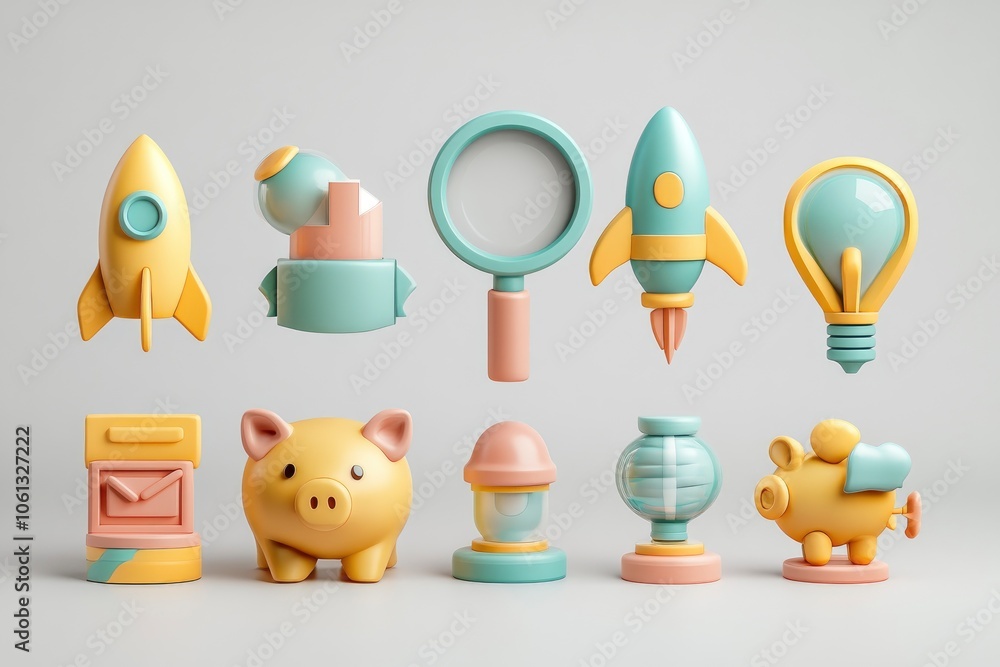 3D render of various colorful icons, including a rocket, lightbulb, magnifying glass, piggy bank, mail box and more. 3D render of various colorful icons, including a rocket, lightbulb, magnifying glass, piggy bank, mail box and more.
