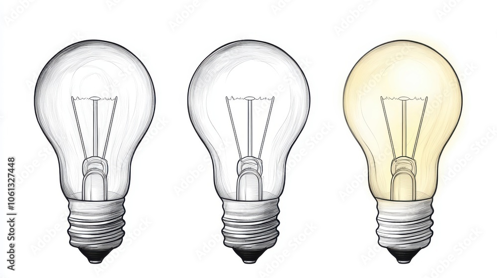 A line art tutorial teaching how to draw a light bulb, from circles to completed sketch, educational drawing isolated on a clean white background. A line art tutorial teaching how to draw a light bulb, from circles to completed sketch, educational drawing isolated on a clean white background.