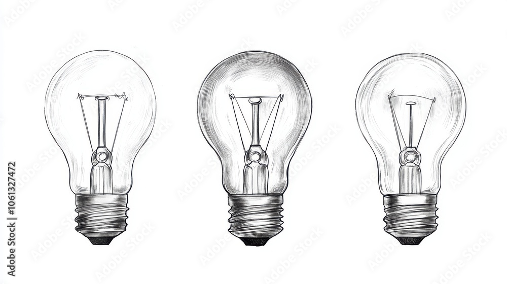 A line art tutorial teaching how to draw a light bulb, from circles to completed sketch, educational drawing isolated on a clean white background. A line art tutorial teaching how to draw a light bulb, from circles to completed sketch, educational drawing isolated on a clean white background.