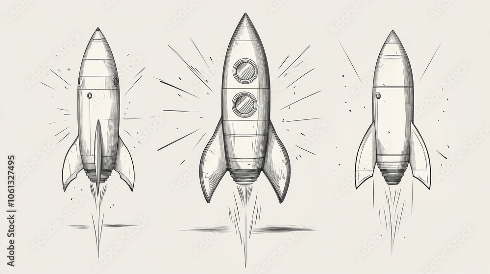 A line drawing tutorial on creating a rocket, from basic shapes to a detailed sketch, educational illustration isolated on a clean white background. A line drawing tutorial on creating a rocket, from basic shapes to a detailed sketch, educational illustration isolated on a clean white background.