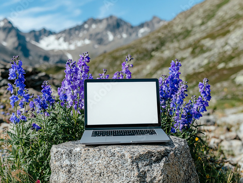 Aesthetic Clean Graphic White Blank laptop screen display template with wood and Floral Accent