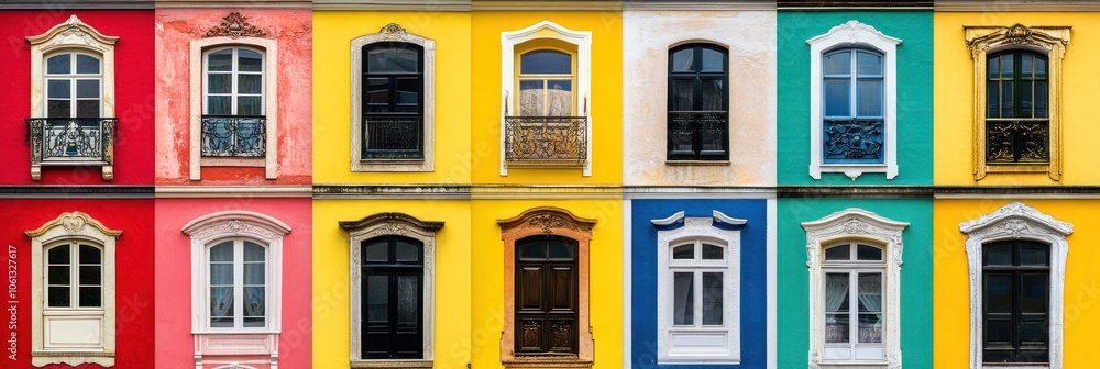 Obraz premium A vibrant collage of colorful building facades with various window designs.