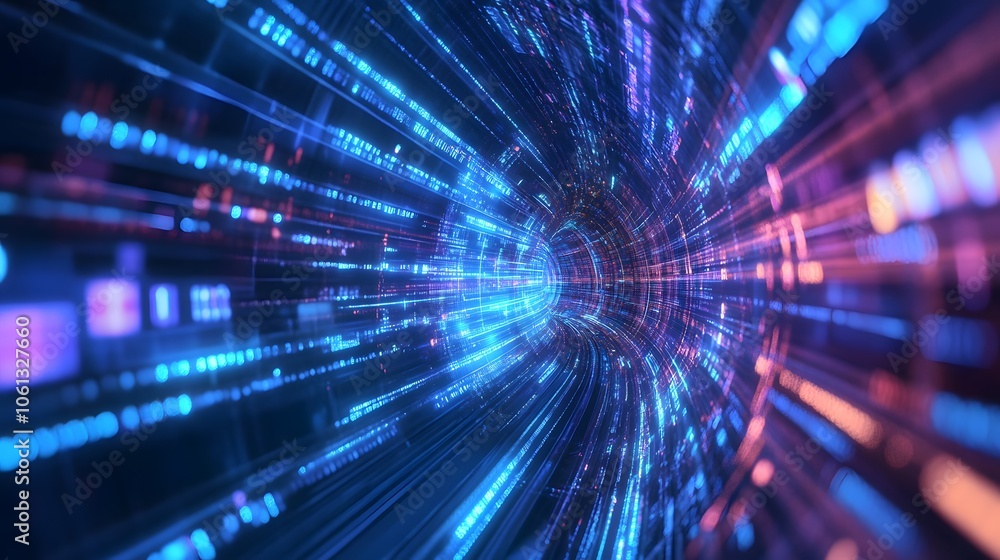 Vibrant blue and purple tunnel of light representing digital data flow. Vibrant blue and purple tunnel of light representing digital data flow.
