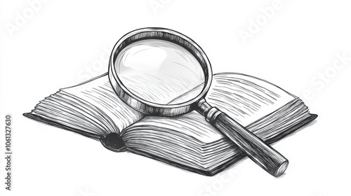 A magnifying glass over a textbook, symbolizing study and focus, simple line art, black and white, isolated on a clean white background. photo