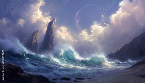 Dramatic Seascape with Tall Rock Formations and Stormy Waves