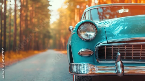 Classic turquoise car parked on a serene forest road, capturing the beauty of nature and vintage design in warm sunlight.