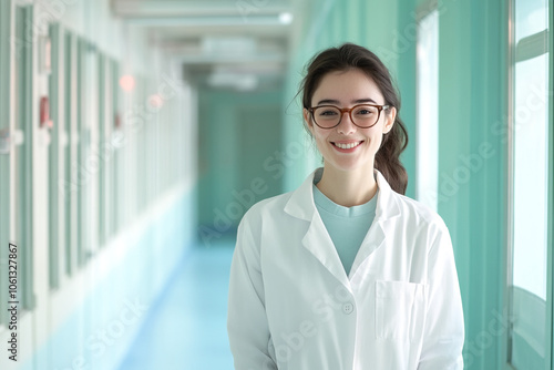 Photo of smiling female doctor in hospital corridor background