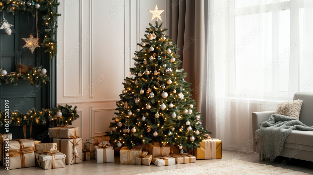 Elegant Christmas Living Room with Decorated Tree and Presents Elegant Christmas Living Room with Decorated Tree and Presents