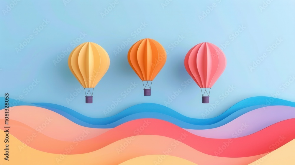 Fototapeta premium Three colorful hot air balloons floating above wavy landscape with blue sky creating peaceful scene
