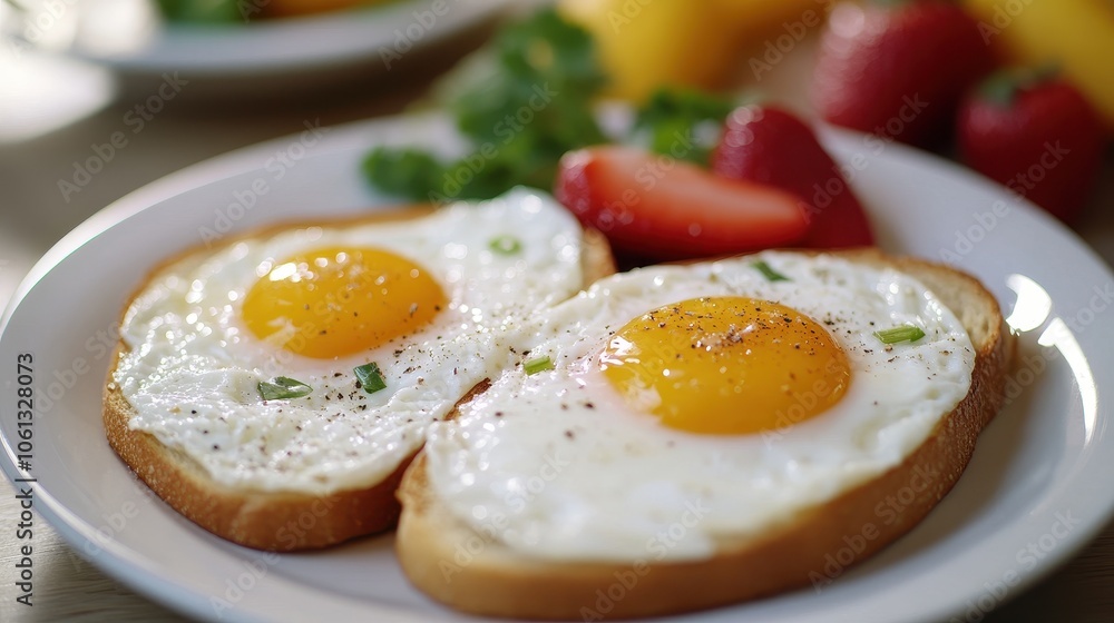 Delicious breakfast plate with fried eggs on toast, garnished with fresh herbs and accompanied by strawberries and bananas. Delicious breakfast plate with fried eggs on toast, garnished with fresh herbs and accompanied by strawberries and bananas.