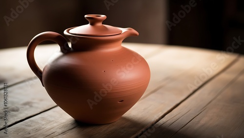 A traditional terracotta pitcher with a lid sits on a wooden table.