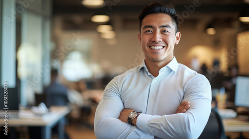 Businessman in suit crossed arms in office confident smile professional finance investment insurance work background with copy space